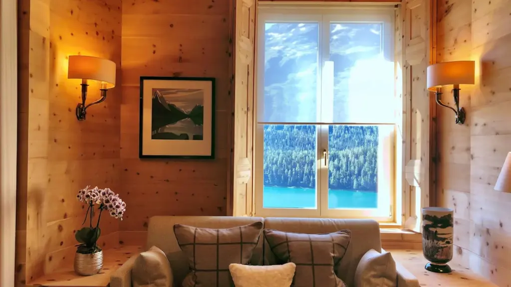 Gemütliches Schlafzimmer mit Holzverkleidung und Blick auf einen kühlen See bei Sonnenlicht.