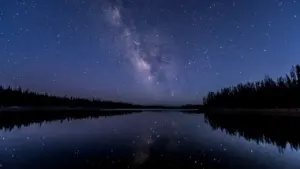 Blick auf den nächtlichen Sternenhimmel über einem ruhigen See und dunklen Silhouetten.