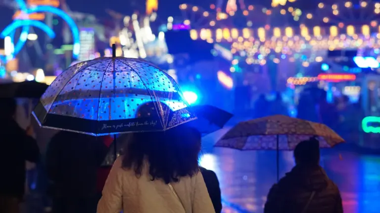 Menschen mit Regenschirmen bei Nacht auf einem beleuchteten Oktoberfest in München.