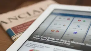 Ein Tablet liegt auf einer gedruckten Zeitung als Symbol für digitale Mediennutzung.