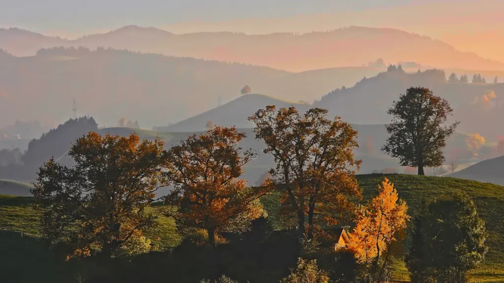 Sanfte Hügellandschaft in den Schweizer Alpen bei herbstlichem Sonnenuntergang und ruhiger Stimmung.